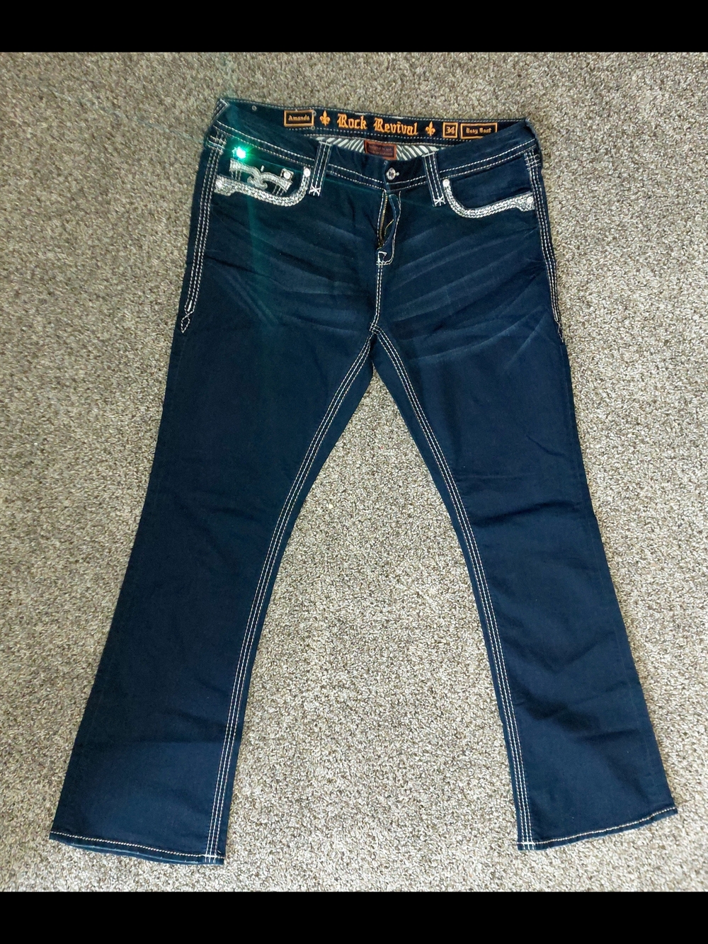 Rock Revival Women’s Dark Blue Boot Cut Jeans with Contrast Stitching